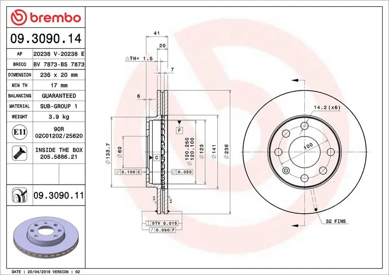 Brembo 09309011 Диск тормозной передн,