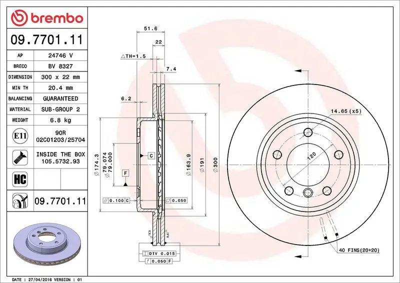Brembo 09770111 Диск тормозной передн DF4055 -