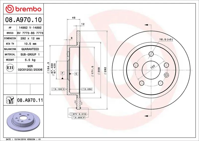 Brembo 08A97011 Диск тормозной OPEL: INSIGNIA