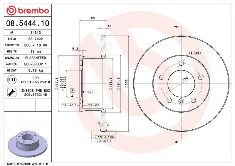 Brembo 08544410 08.5444.10 диск тормозной