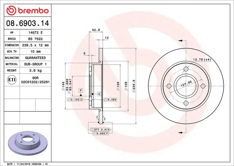 BREMBO 08690314 ДИСК ТОРМОЗНОЙ FORD FIESTA IV