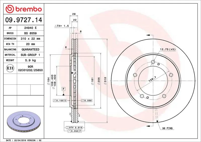 Brembo 09972714 Диск торм. пер.вент.[310x22] 5