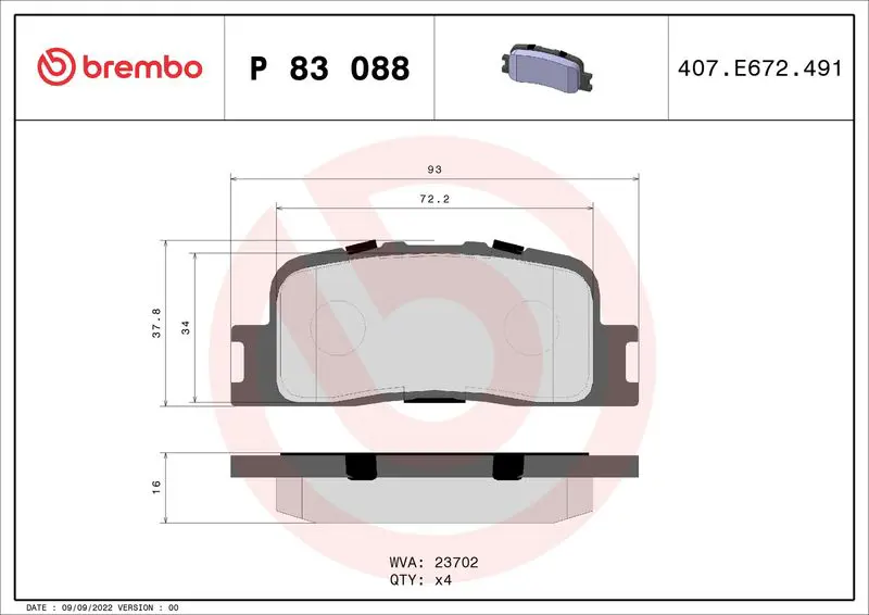Brembo P83088 КОЛОДКИ ТОРМОЗНЫЕ CHERY A5