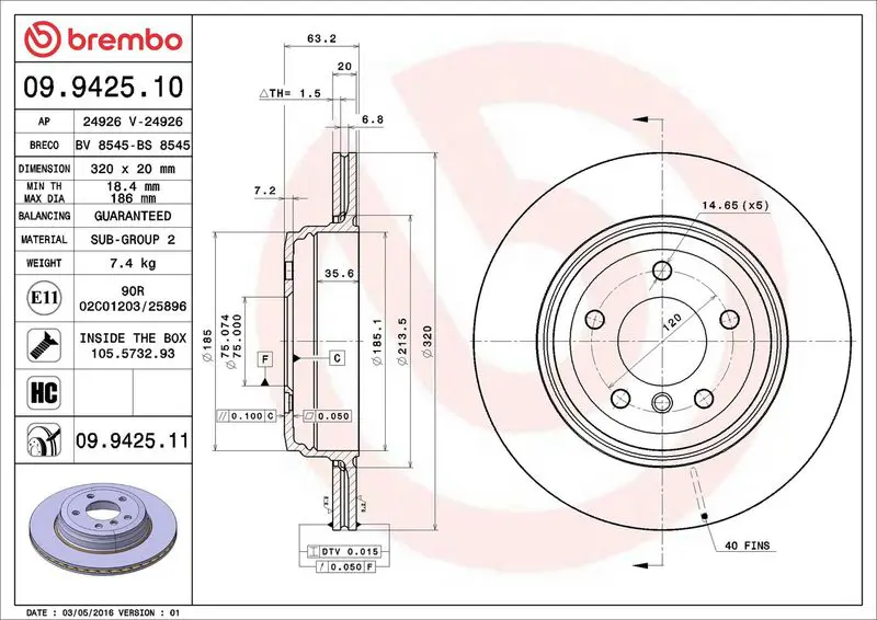 Brembo 09942511 Диск тормозной задн BMW 6