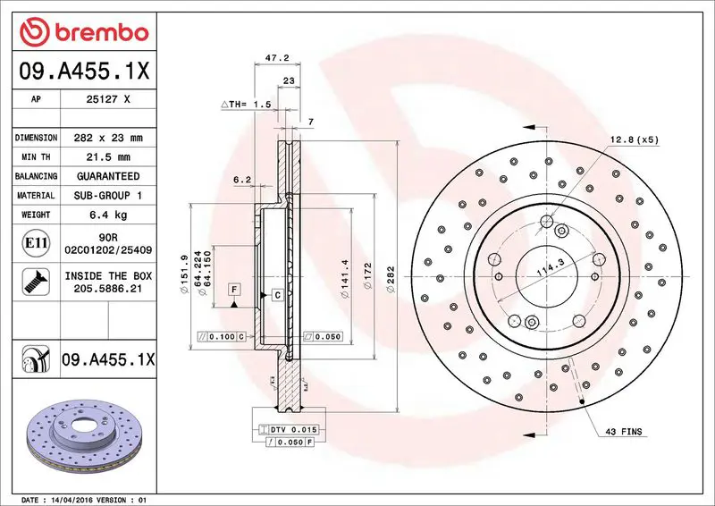 Brembo 09A4551X ДИСК ТОРМОЗНОЙ ВЕНТИЛИРУЕМЫЙ
