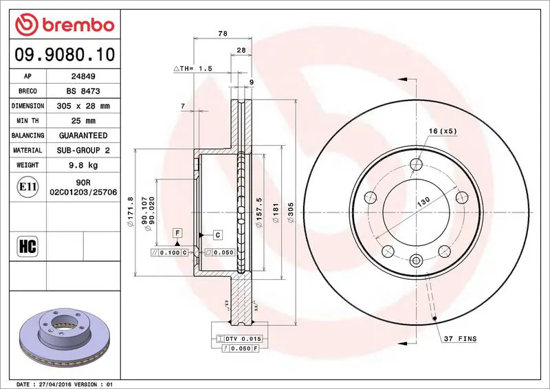 Brembo 09908010 Диск тормозной