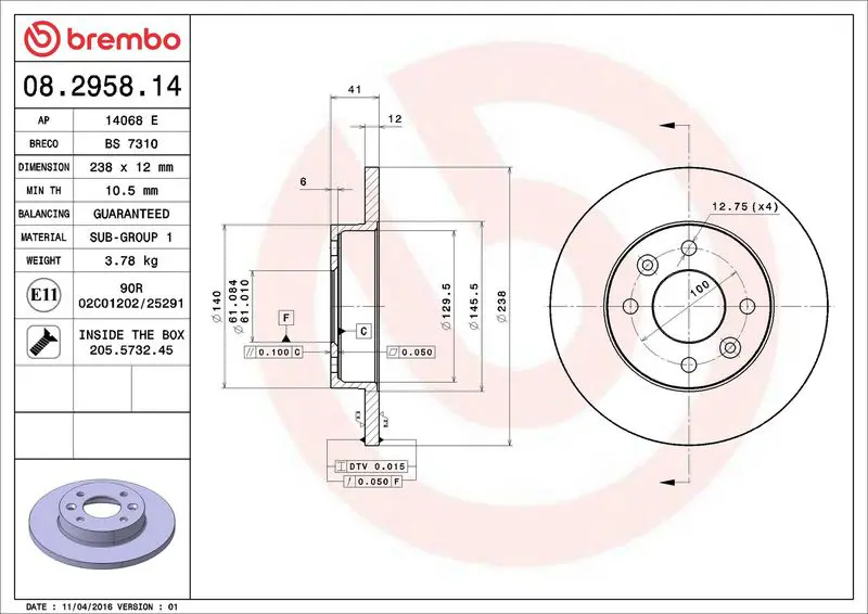 Brembo 08295814 Диск тормозной передний 238mm