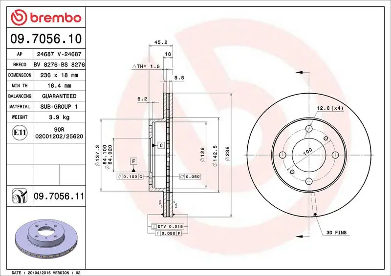 Brembo 09705611 Диск тормозной передн,