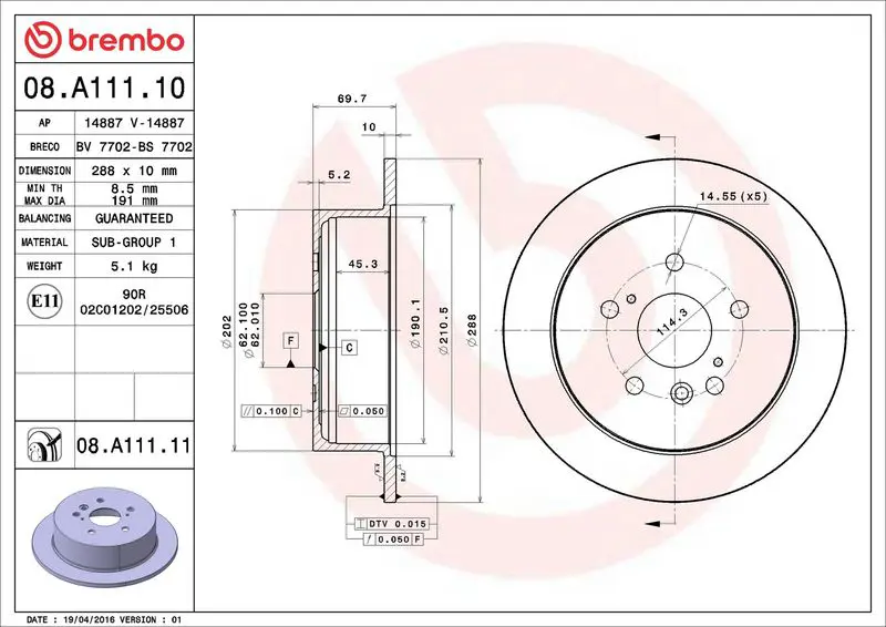 Brembo 08A11111 Диск тормозной задн TOYOTA