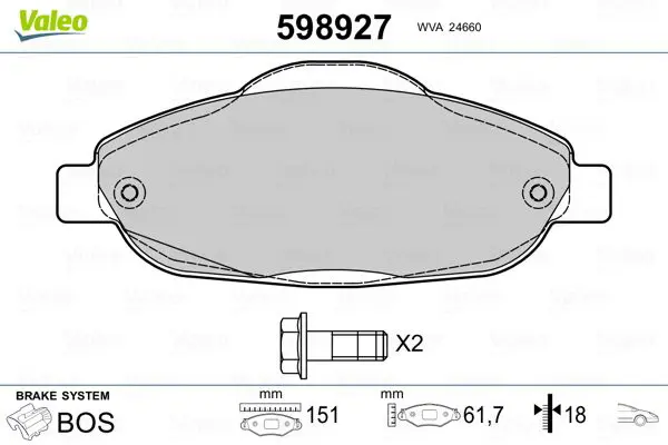 VALEO 598927 Колодки тормозные, передние