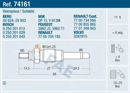 FAE 74161 Свеча накаливания