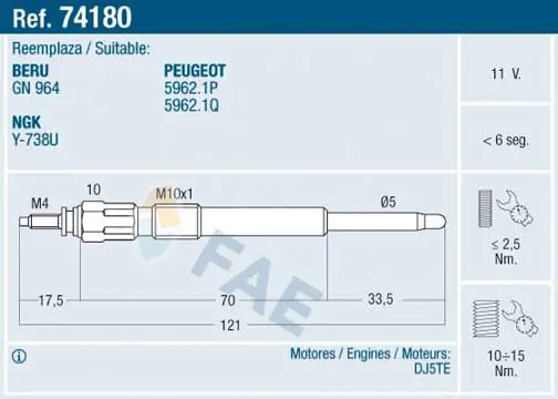 FAE 74180 Свеча накаливания