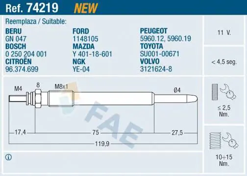 FAE 74219 Свеча накаливания