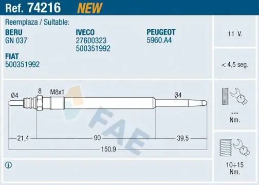 FAE 74216 Свеча накаливания