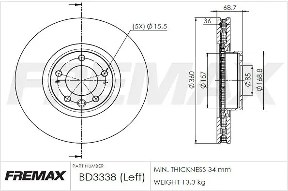 BD3338 Диск тормозной передний vw